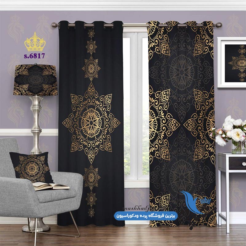 punch-eslimi-s-6817 پرده پانچ اسلیمی طرح شمسه زمینه سرمه ای کد s-6817
