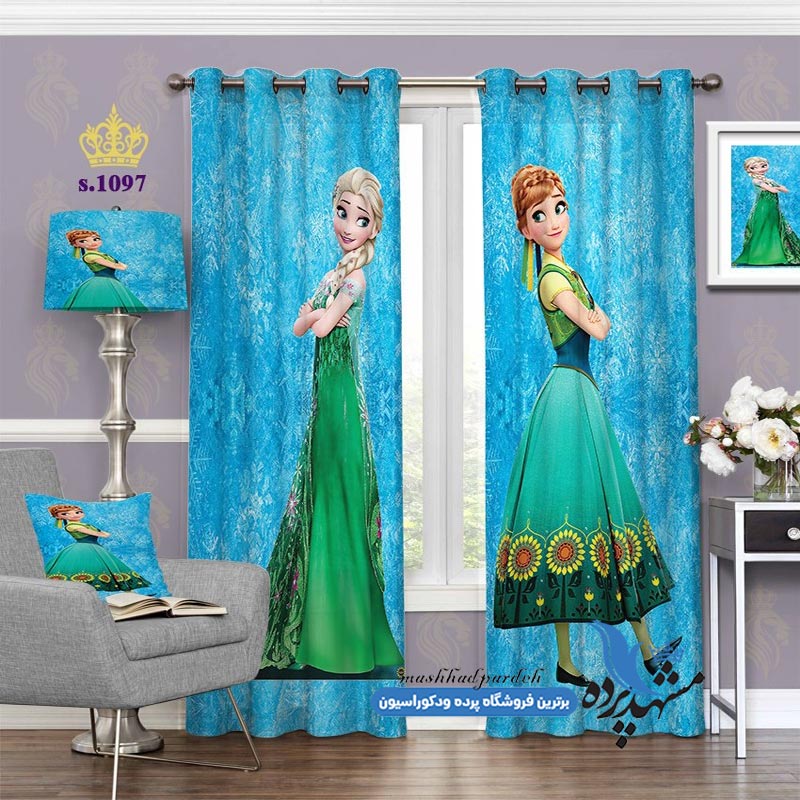 punch-girl-s-1097 پرده پانچ دخترانه طرح کارتونی آلسا و آنا کد s-1097