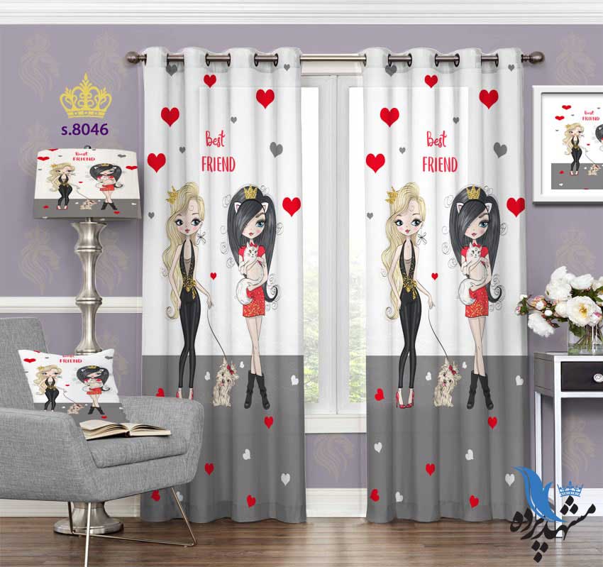 punch-curtain-child-s-8046 پرده پانچ دخترانه طرح دختر و حیوان خانگی کد S8046