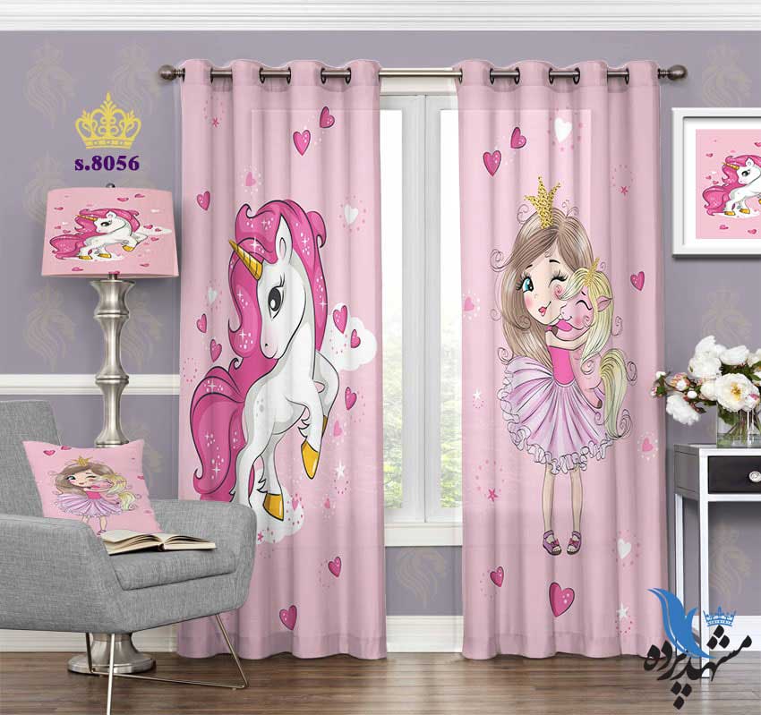 punch-curtain-child-s-8056 پرده پانچ کودک طرح دختر و اسب شاخدار کد S8056