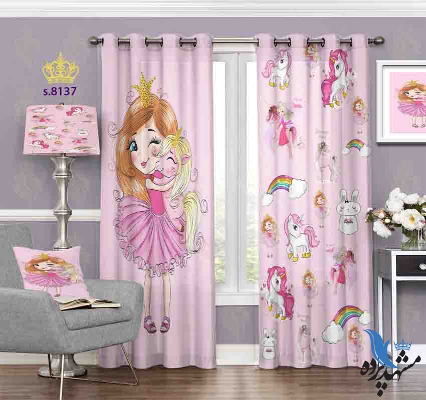 punch-curtain-child-s-8137 پرده پانچ کودک طرح دختر و اسب شاخدار کد S8137