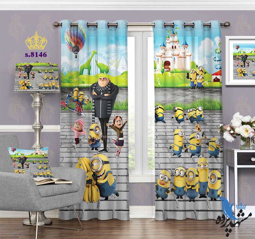 punch-curtain-child-s-8146 پرده پانچ کودک طرح مینیون ها در شهر بازی کد S8146