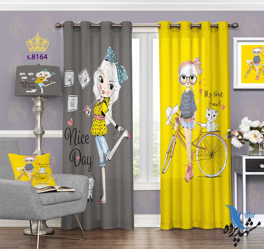 punch-curtain-child-s-8164 پرده پانچ دخترانه طرح دختر و دوچرخه کد S8164