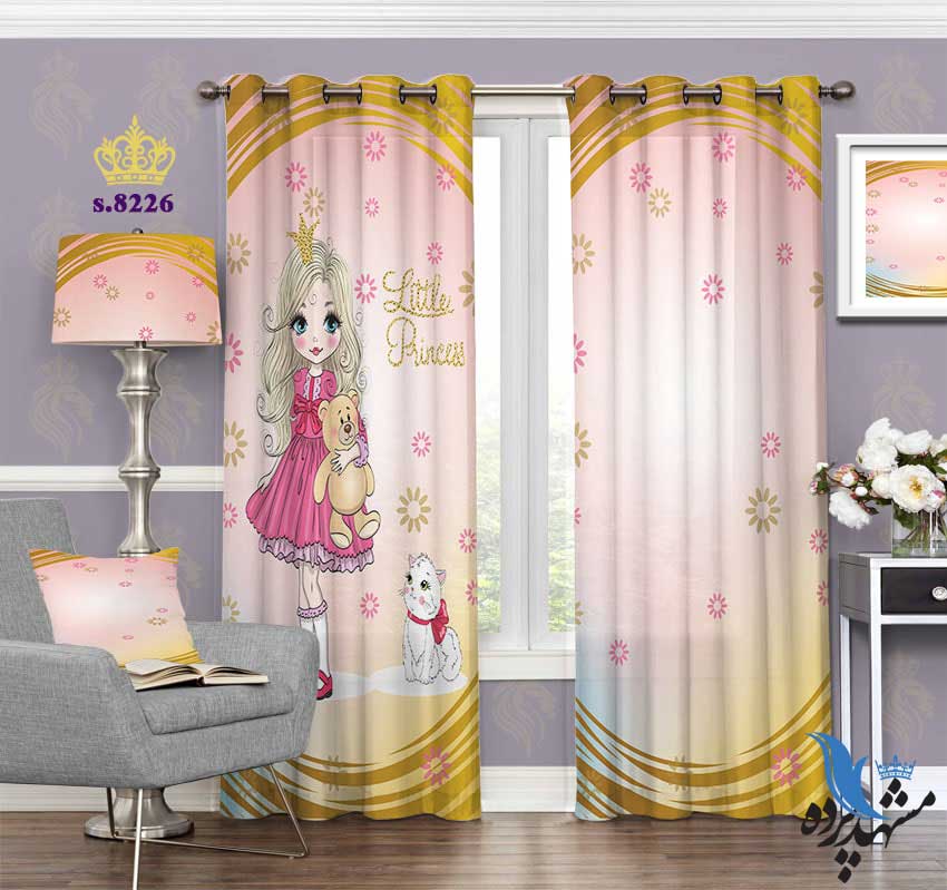 punch-curtain-child-s-8226 پرده پانچ دخترانه طرح دختر و گربه ملوس کد S8226