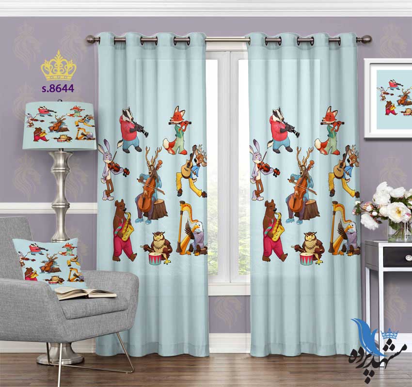 punch-curtain-child-s-8644 پرده پانچ کودک طرح شخصیت های کارتونی و ابزار موسیقی کد S8644