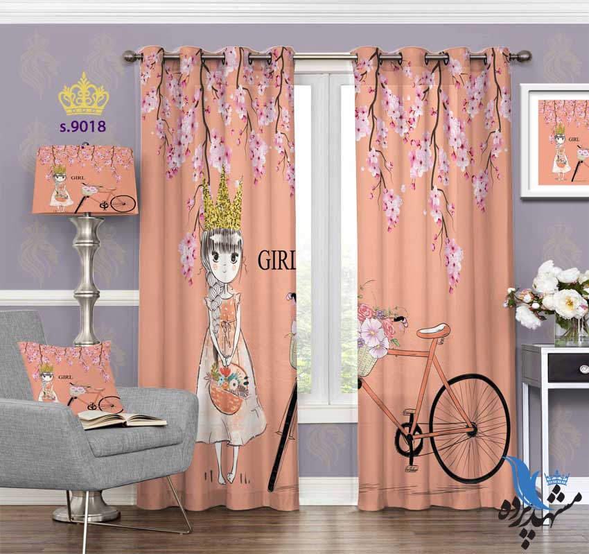 punch-curtain-child-s-9018 پرده پانچ دخترانه طرح دختر و دوچرخه کد S9018