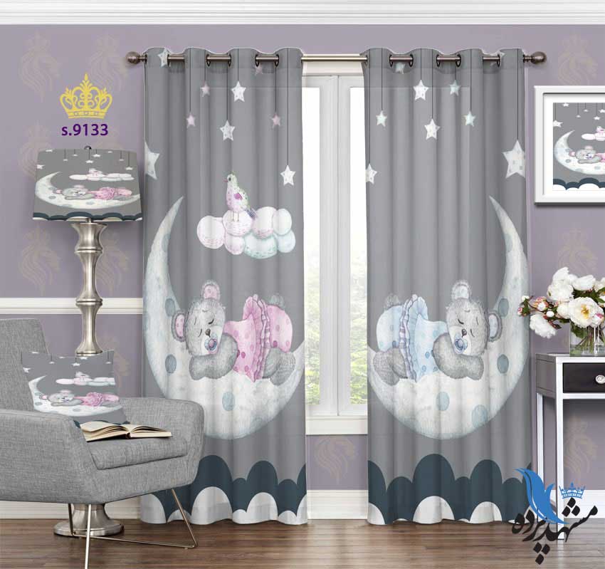 punch-curtain-child-s-9133 پرده پانچ کودک طرح خرس خوابیده روی ماه کد S9133