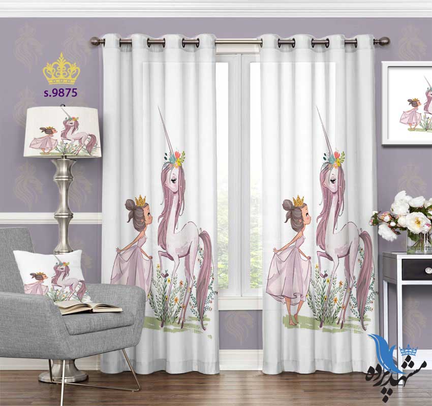 punch-curtain-child-s-9875 پرده پانچ کودک طرح دختربچه و اسب شاخدار کد S9875