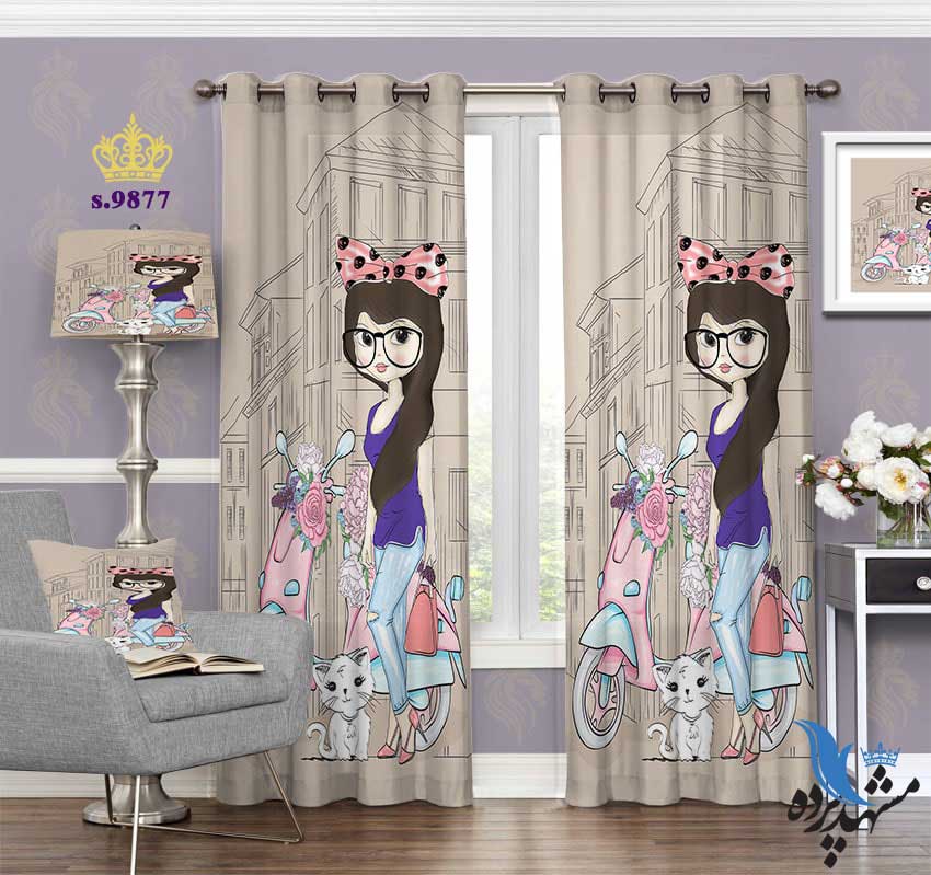 punch-curtain-child-s-9877 پرده پانچ دخترانه طرح دختر موتورسوار کد S9877