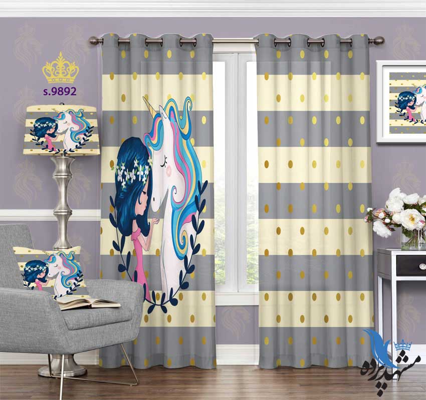 punch-curtain-child-s-9892 پرده پانچ کودک طرح دختر و اسب شاخدار کد S9892