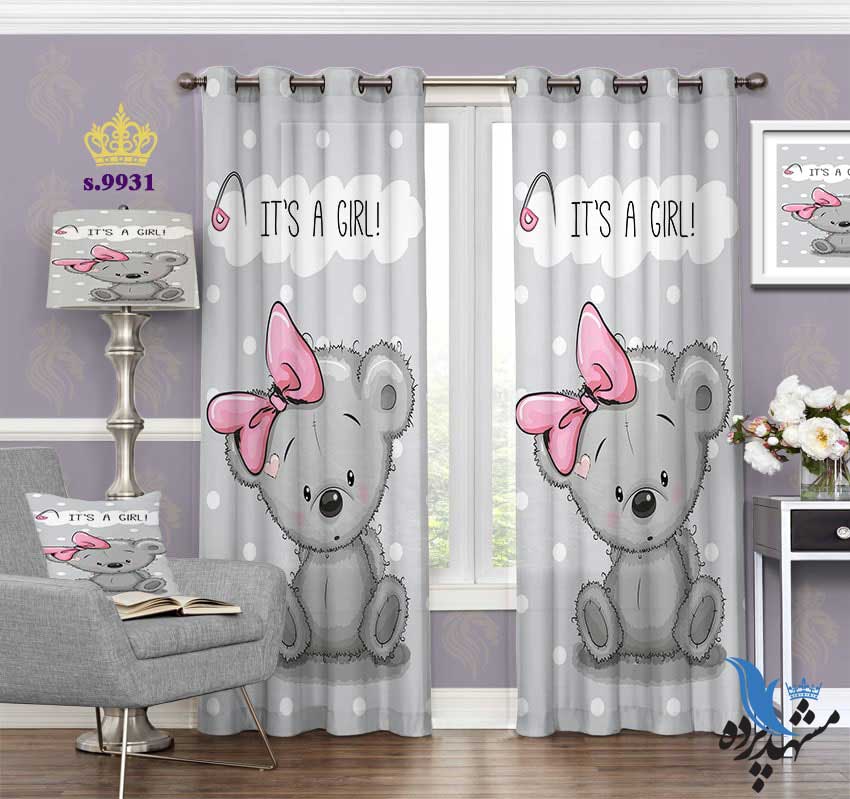 punch-curtain-child-s-9931 پرده پانچ کودک طرح بچه خرس پاپیون زده کد S9931