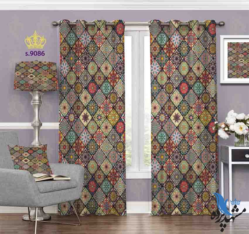 punch-curtain-eslimi-s-9086 پرده پانچ اسلیمی طرح کاشی کاری لوزی کد S9086