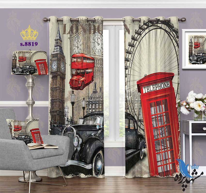 punch-curtain-fantasy-s-8819 پرده پانچ فانتزی طرح ماشین فولکس و برج بیگ بن کد S8819