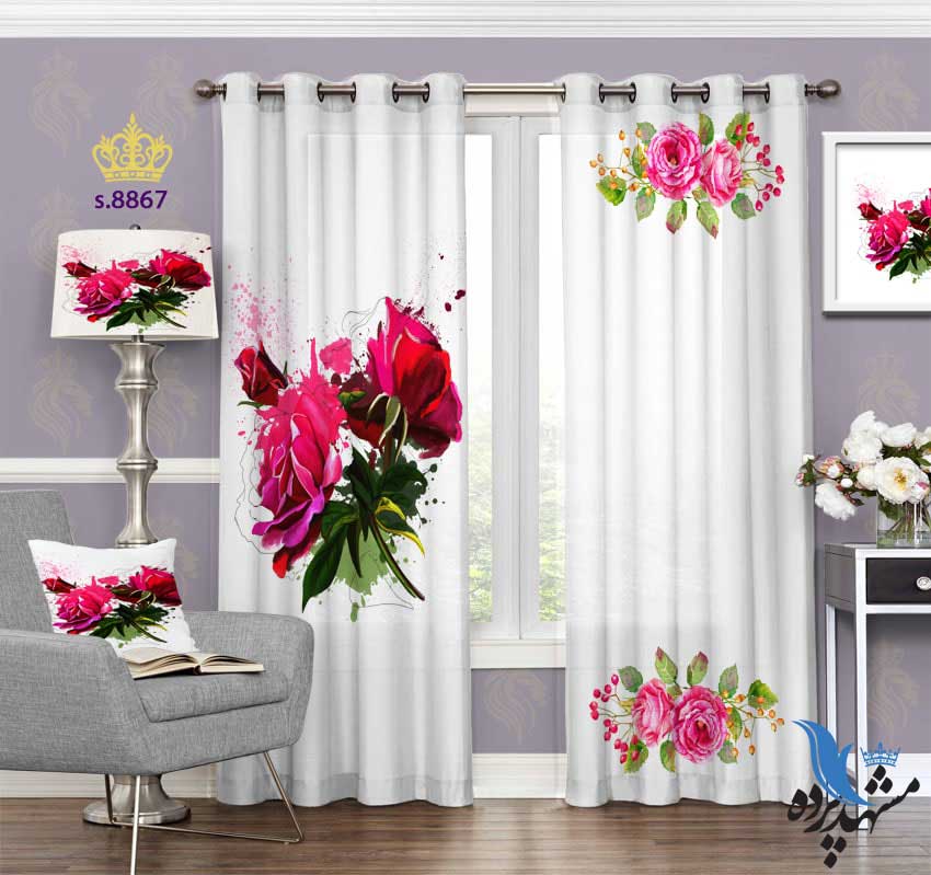 punch-curtain-flower-s-8867 پرده پانچ طرح نقاشی گل رز با پس زمینه ساده کد s8867