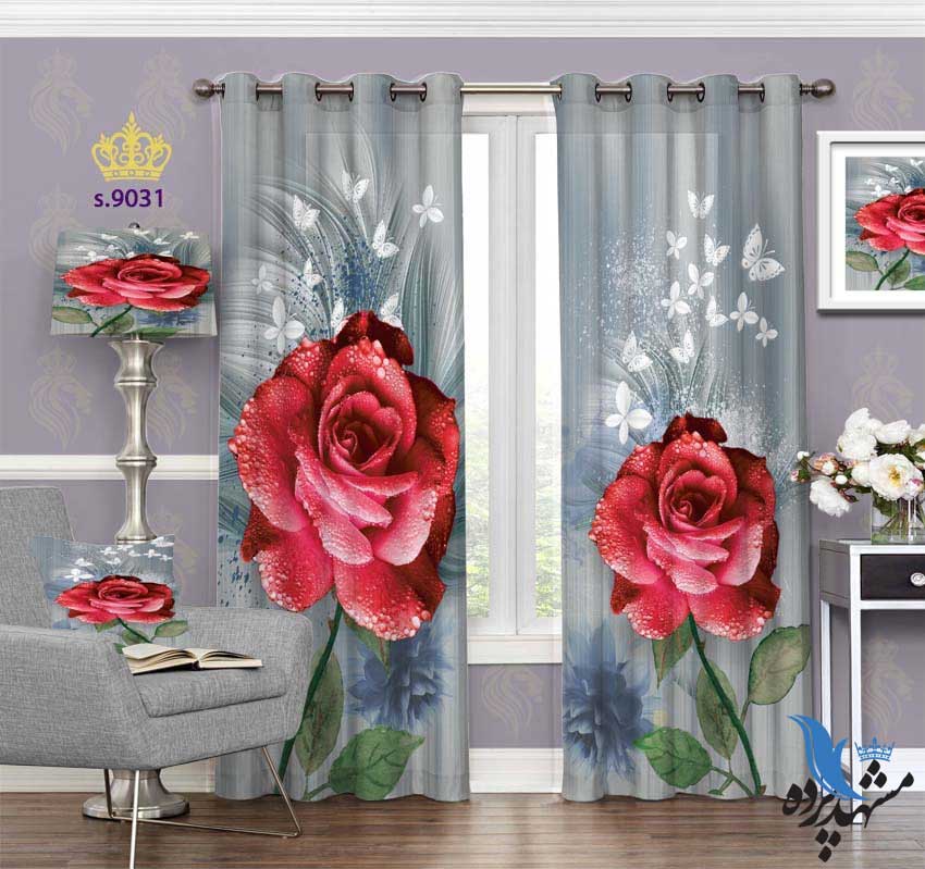 punch-curtain-flower-s-9031 پرده پانچ طرح گل رز سه بعدی و پروانه کد s9031
