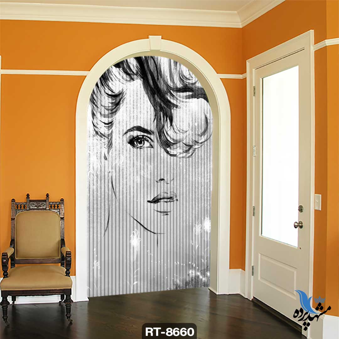 shershereh-face-rt-8660 پرده ریسه شرشره تصویری طرح نقاشی سیاه قلم چهره زن کد RT8660