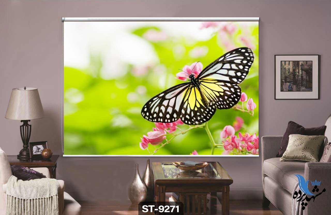 shaderoll-curtain-animal-st-9271 پرده شیدرول تصویری طرح پروانه روی گل کد ST9271